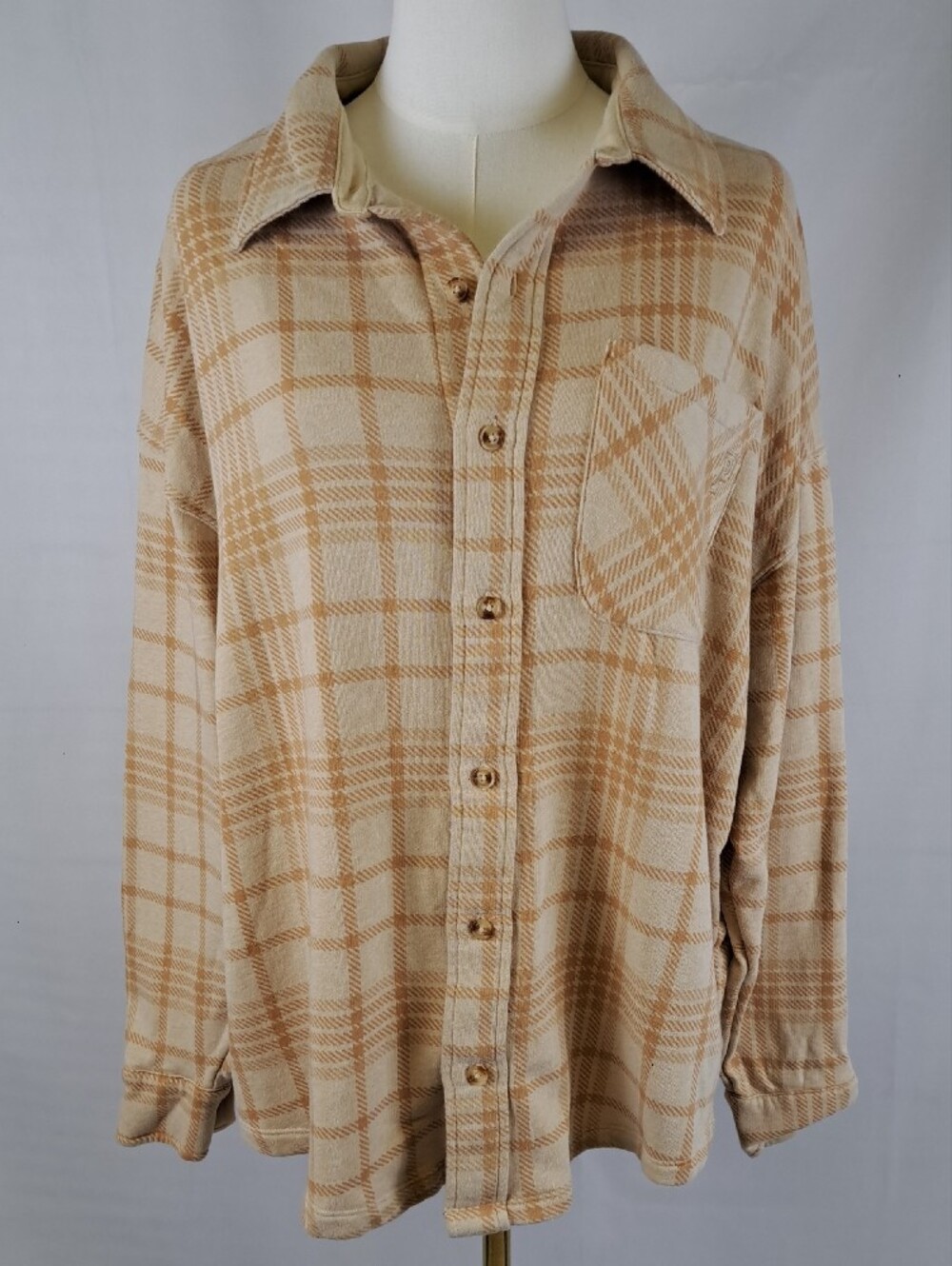 PINK Victoria's Secret Beige Plaid Button-Down Shirt Jacket Indie Skater Alt M